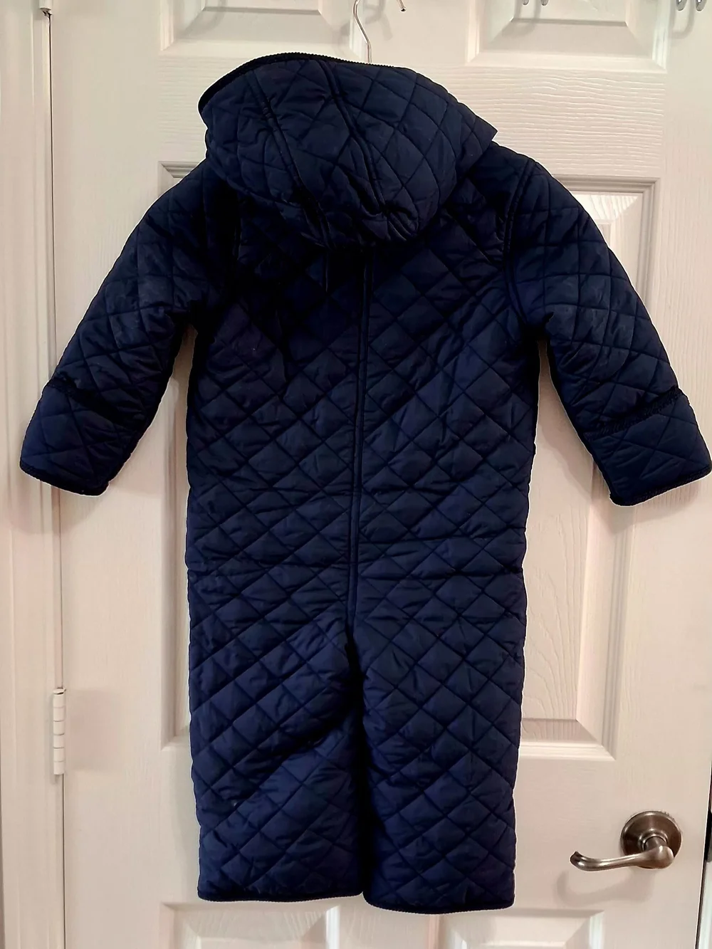 Ralph Lauren Quilted Navy Hooded Puffer Romper with Red Pony